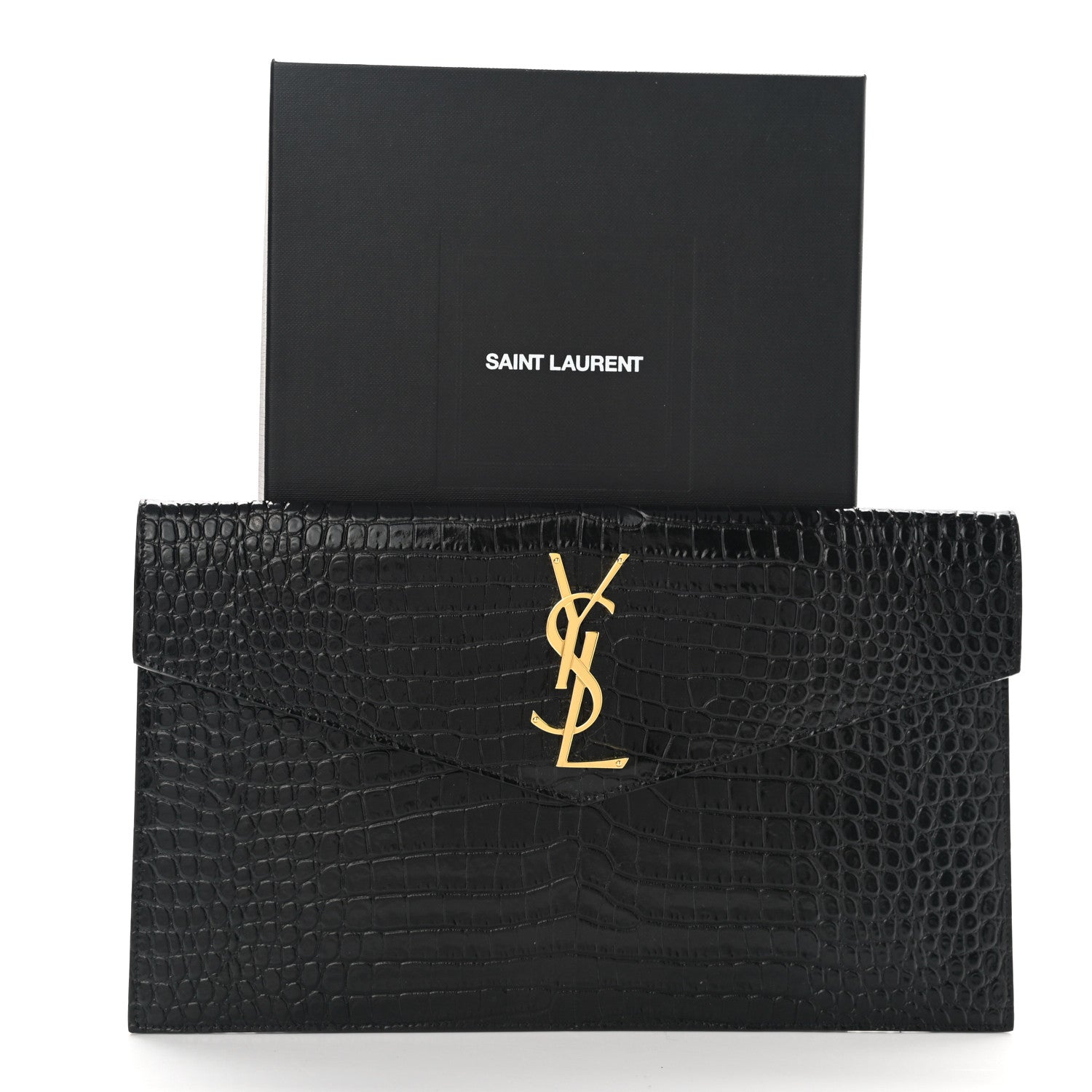 Saint Laurent Calfskin Crocodile Embossed Uptown Monogram Pouch Black 8 of 8