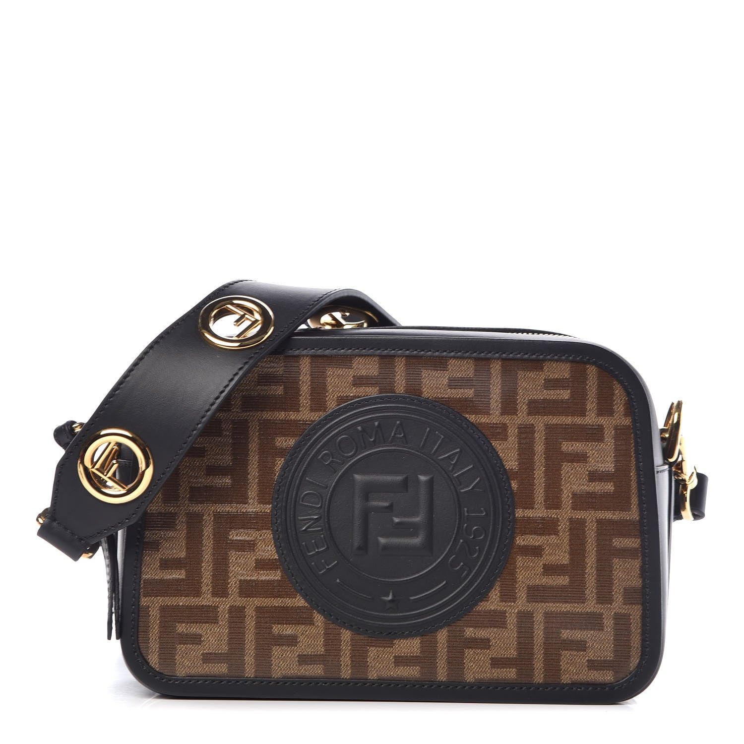 Fendi Glazed Fabric Vitello Century F is Fendi FF 1974 Stamp Patch Camera Case Mogano Panna Black 1 of 9