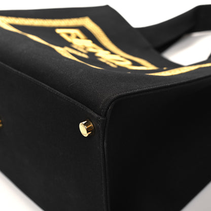 Fendi X VERSACE Cotton Canvas Cuoio Romano Fendace Logo Embroidered Signature Shopping Tote Black Gold 10 of 14