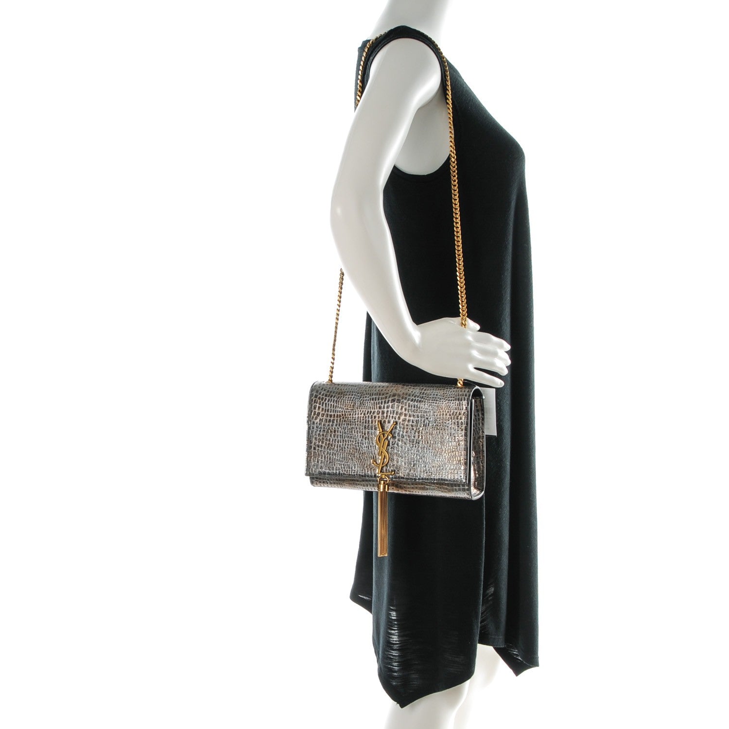 Saint Laurent Metallic Lizard Embossed Medium Classic Monogram Tassel Satchel Silver 4 of 6