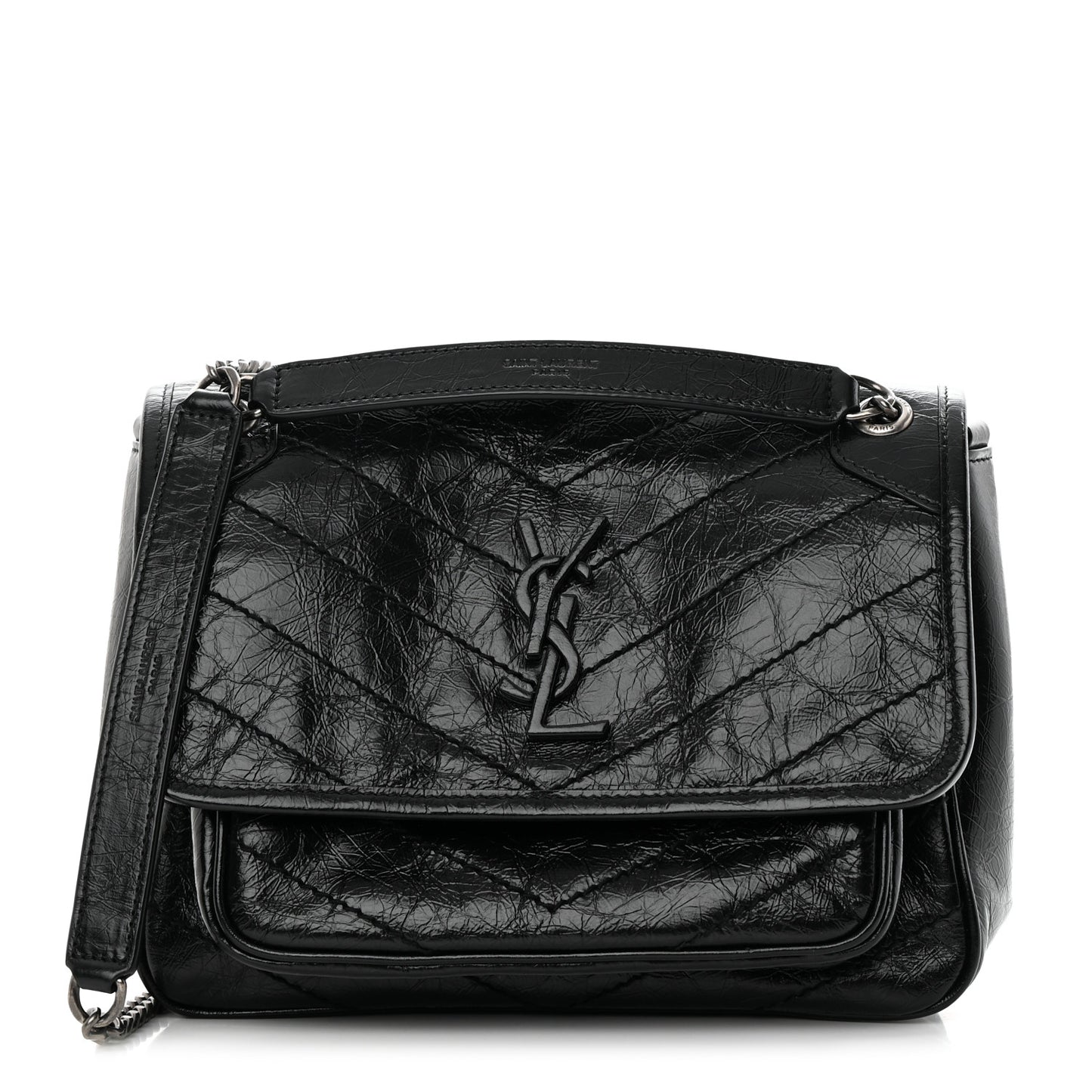 Crinkled Lambskin Matelasse Monogram Baby Niki Chain Satchel Black