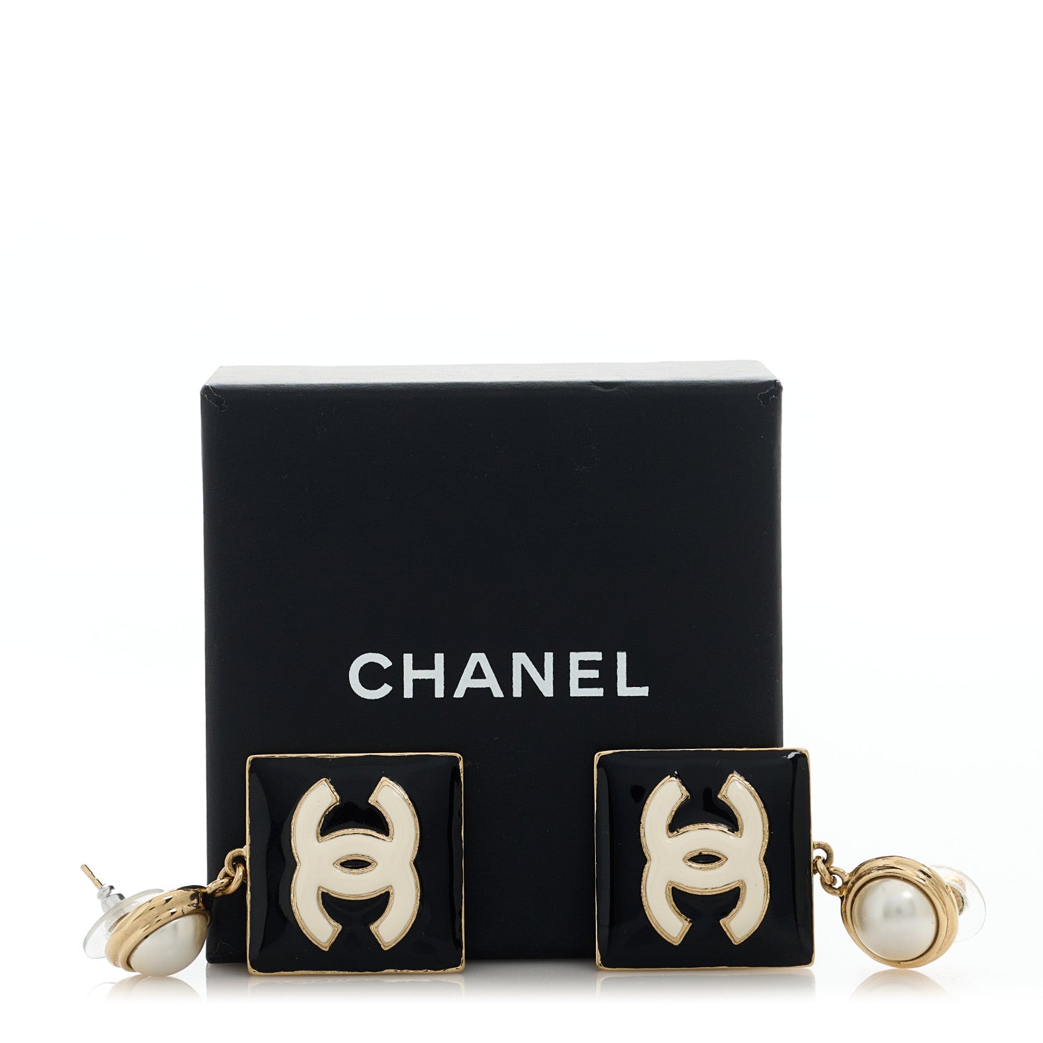 Chanel Metal Enamel Pearl Square CC Drop Earrings Gold Black White 5 of 5