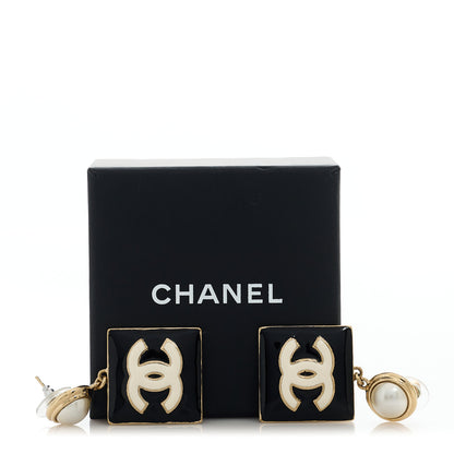 Chanel Metal Enamel Pearl Square CC Drop Earrings Gold Black White 5 of 5