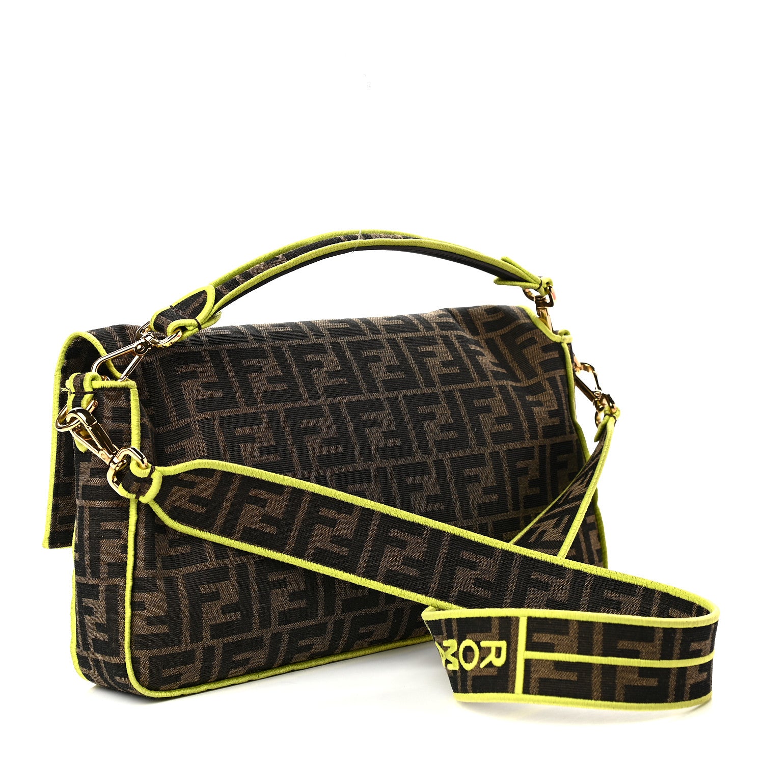 Fendi Fabric Jacquard FF 1974 Large Baguette Tobacco Moro Giallo Fluo 3 of 9