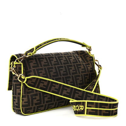 Fendi Fabric Jacquard FF 1974 Large Baguette Tobacco Moro Giallo Fluo 3 of 9