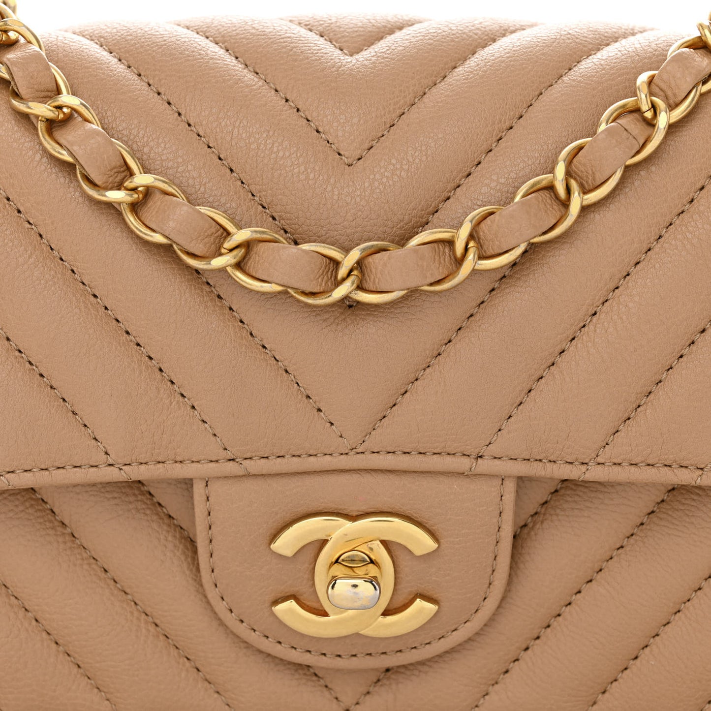 Calfskin Chevron Quilted Mini Rectangular Flap Dark Beige