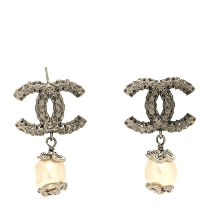 Chanel Pearl Textured CC Drop Earrings Silver 1 of 5