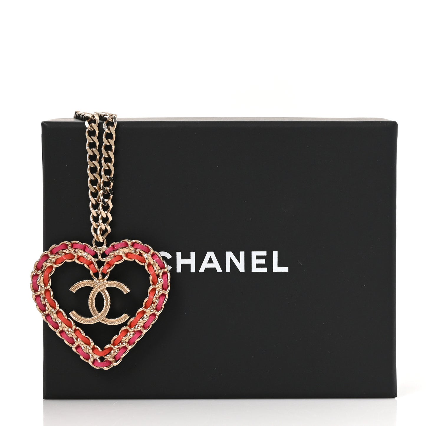 Metal Lambskin Chain CC Heart Necklace Pink Red Gold