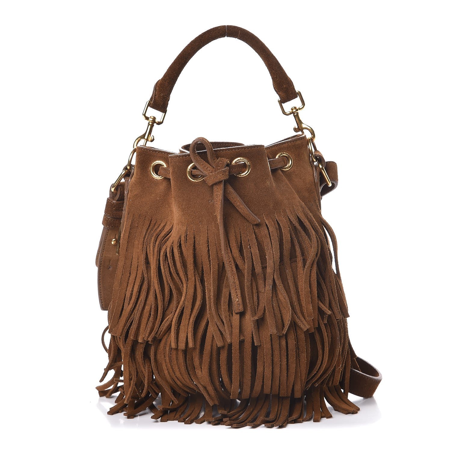 Saint Laurent Suede Calfskin Small Emmanuelle Fringe Bucket Bag Light Ocre 1 of 10