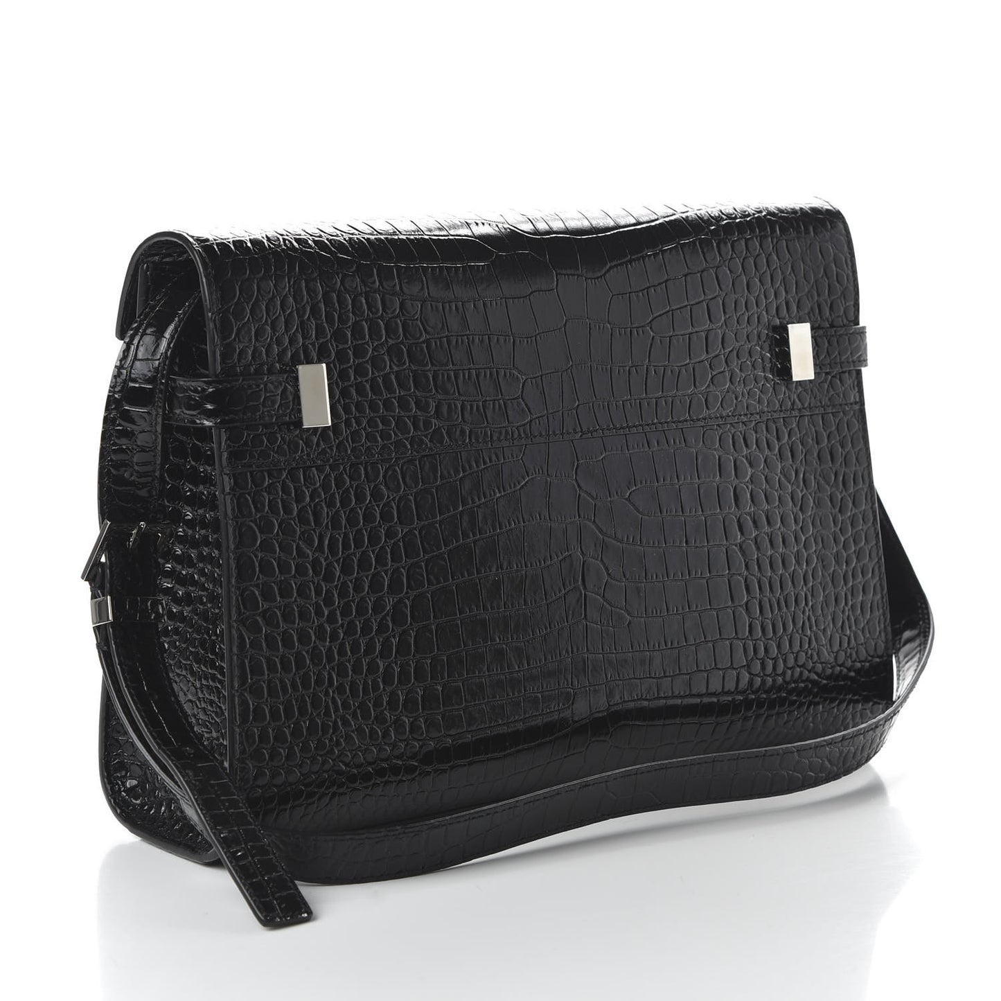 Shiny Calfskin Crocodile Embossed Manhattan Baguette Black