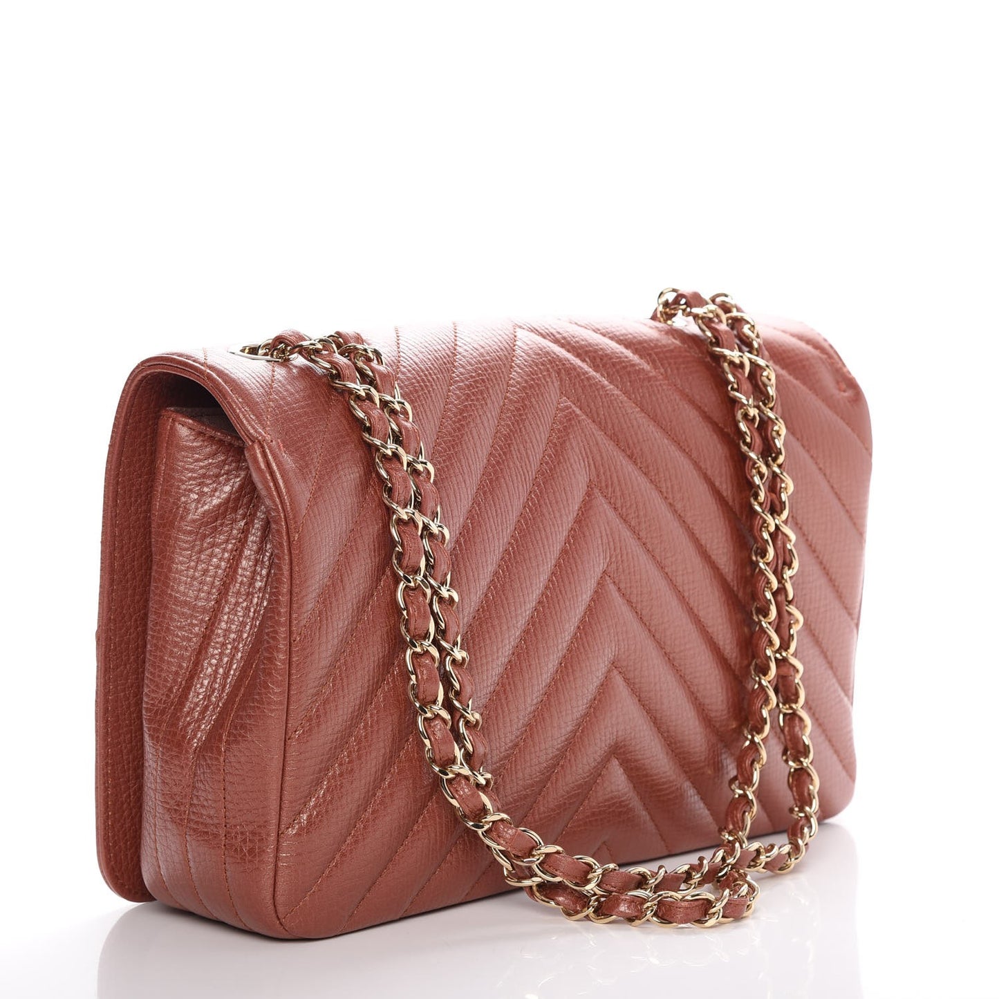 Metallic Calfskin Chevron Quilted Medium Statement Flap Brown