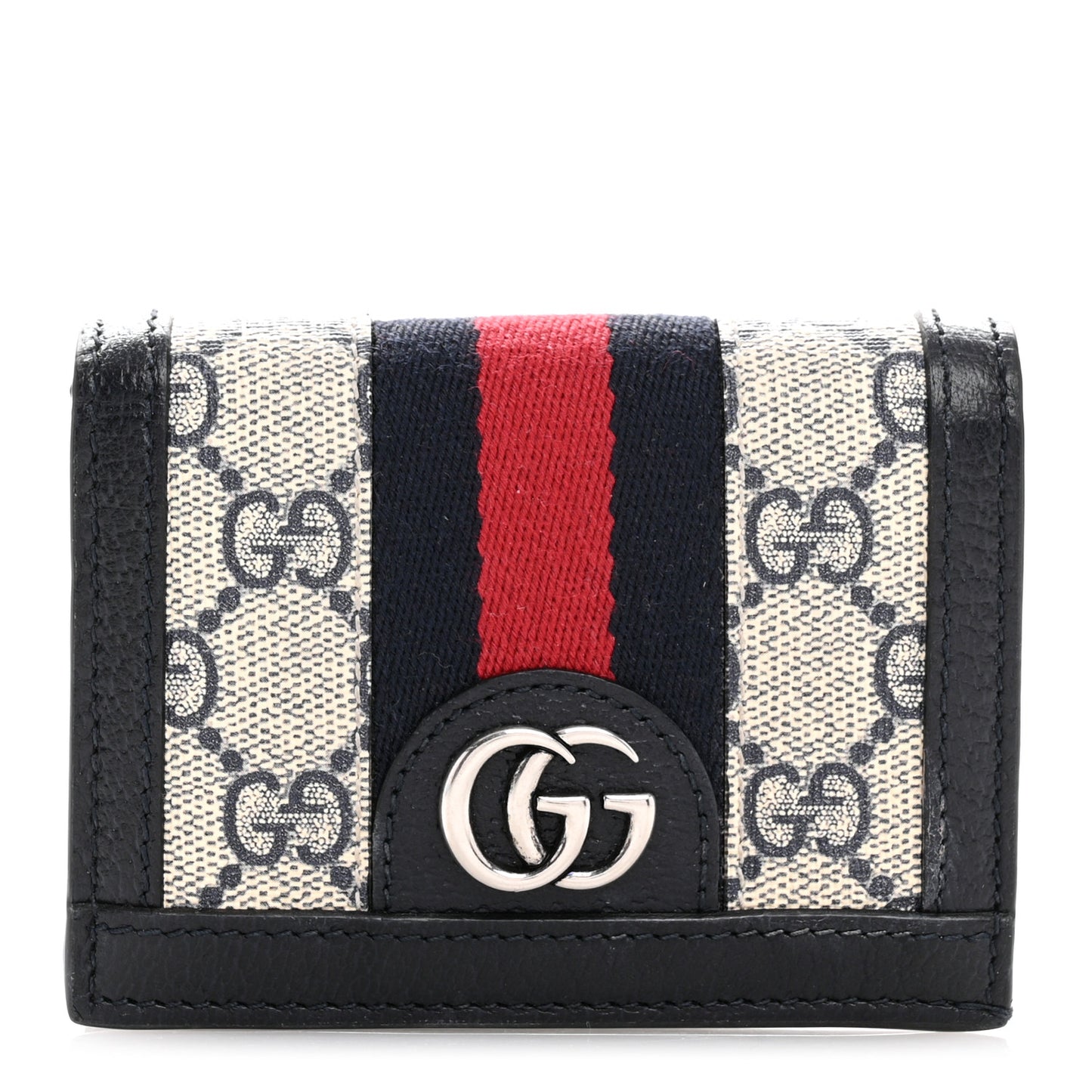 GG Supreme Monogram Textured Dollar Calfskin Web Ophidia Card Case Beige Blue