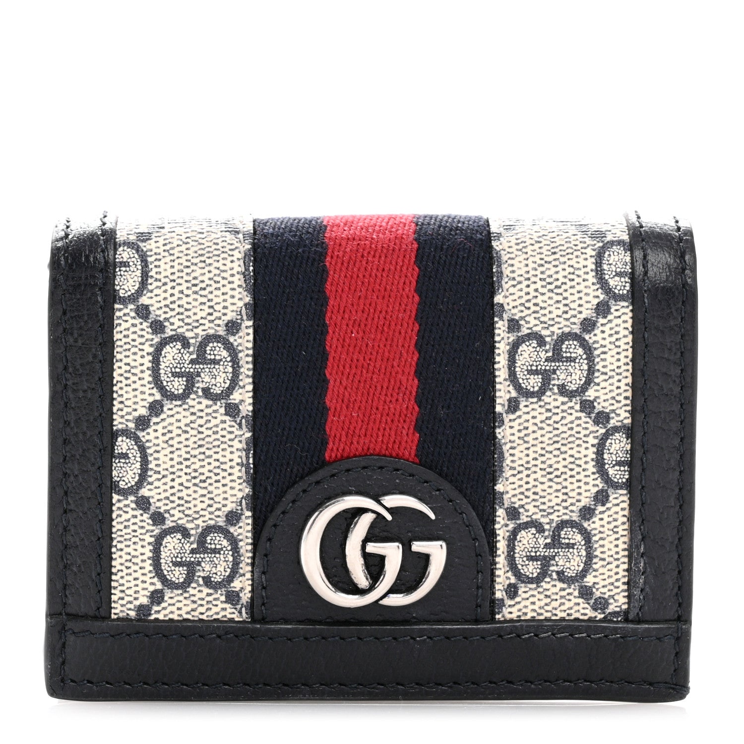 Gucci GG Supreme Monogram Textured Dollar Calfskin Web Ophidia Card Case Beige Blue 1 of 8