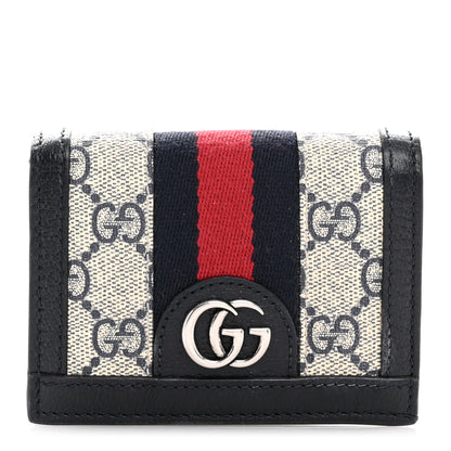 Gucci GG Supreme Monogram Textured Dollar Calfskin Web Ophidia Card Case Beige Blue 1 of 8