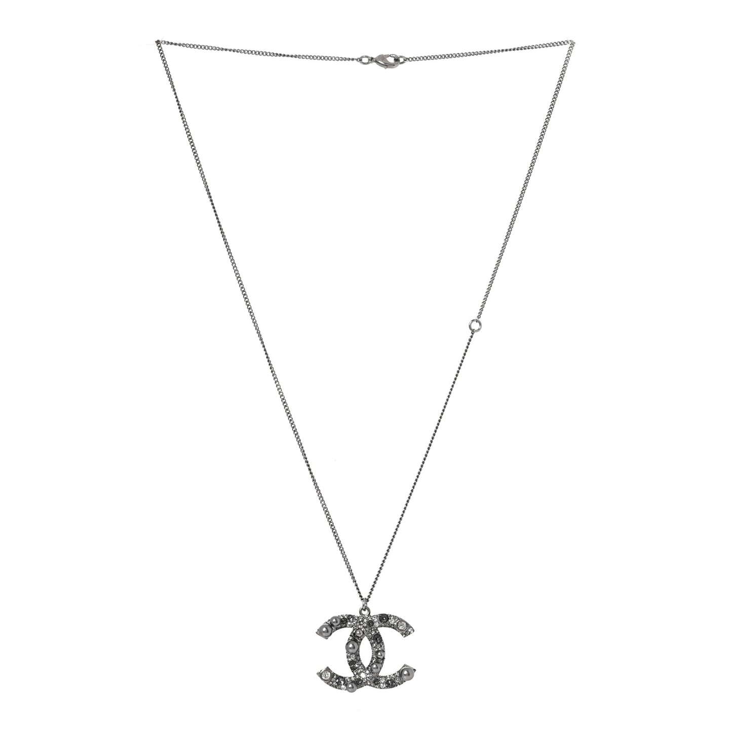 Crystal Pearl CC Pendant Necklace Silver Grey