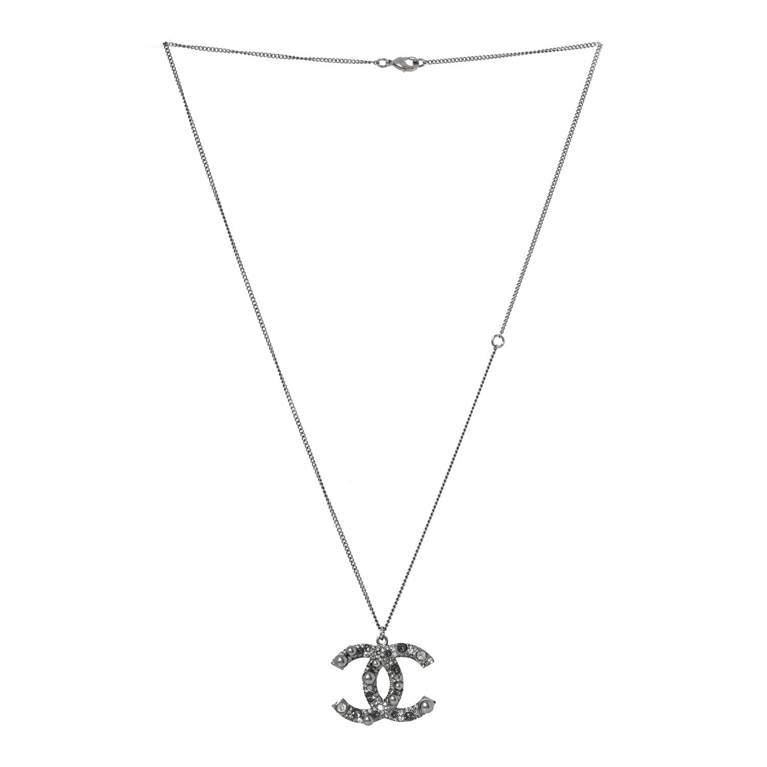 Chanel Crystal Pearl CC Pendant Necklace Silver Grey 3 of 4