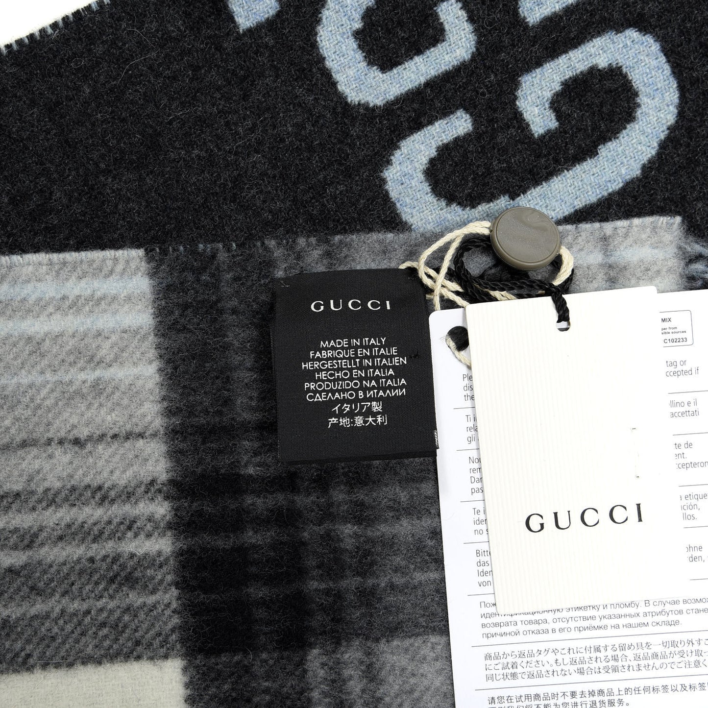 Wool GG Monogram Plaid Tartan Free Scarf Grey