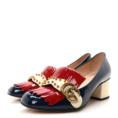 Gucci Vernice Studded GG Marmont Fringe 50mm Loafer Pumps 37.5 Blue Agata Hibiscus Red Mystic White 4 of 9