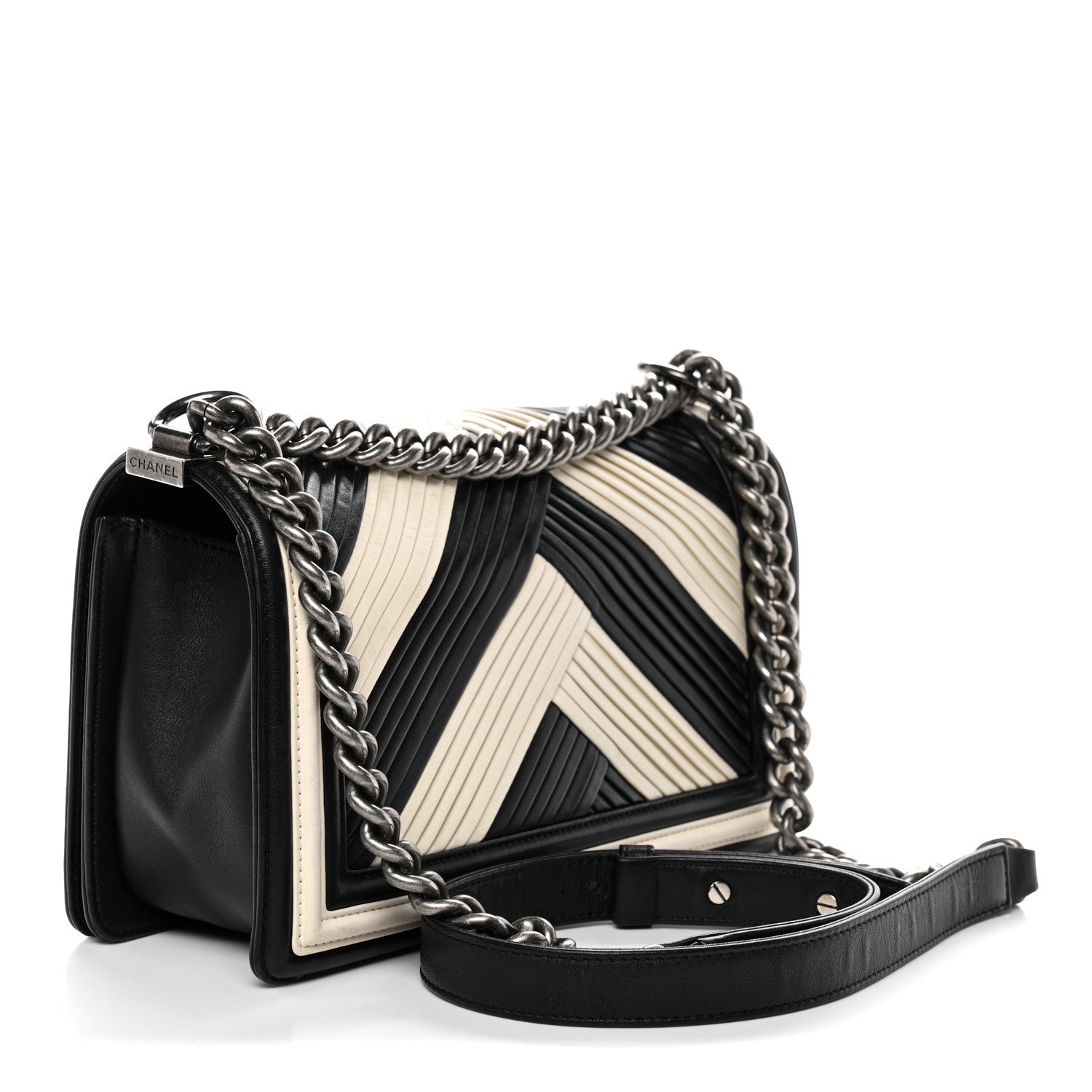 Chanel Calfskin Pleated Medium Boy In Rome Flap Black White 3 of 11