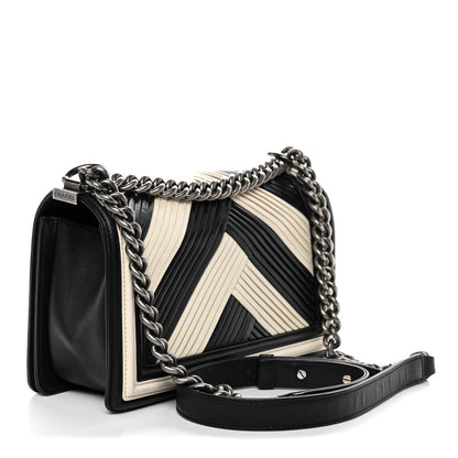 Chanel Calfskin Pleated Medium Boy In Rome Flap Black White 3 of 11