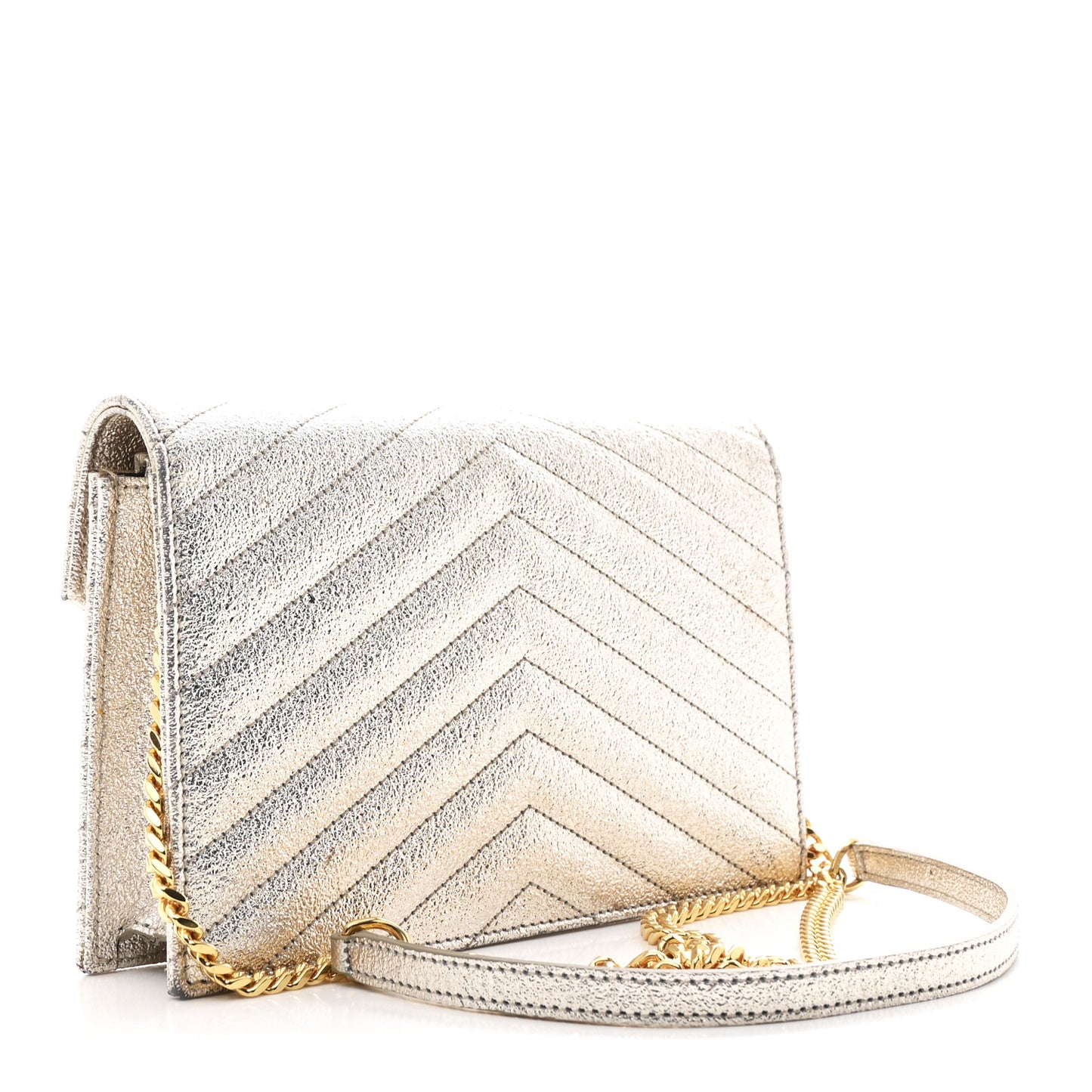 Metallic Crackled Calfskin Matelasse Chevron Monogram Envelope Chain Wallet Gold