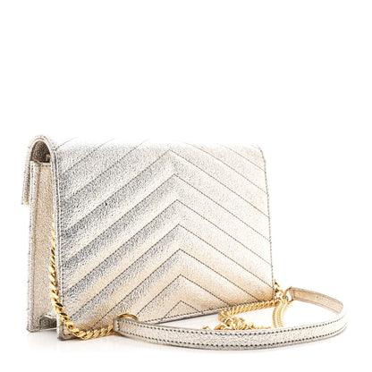 Saint Laurent Metallic Crackled Calfskin Matelasse Chevron Monogram Envelope Chain Wallet Gold 3 of 13