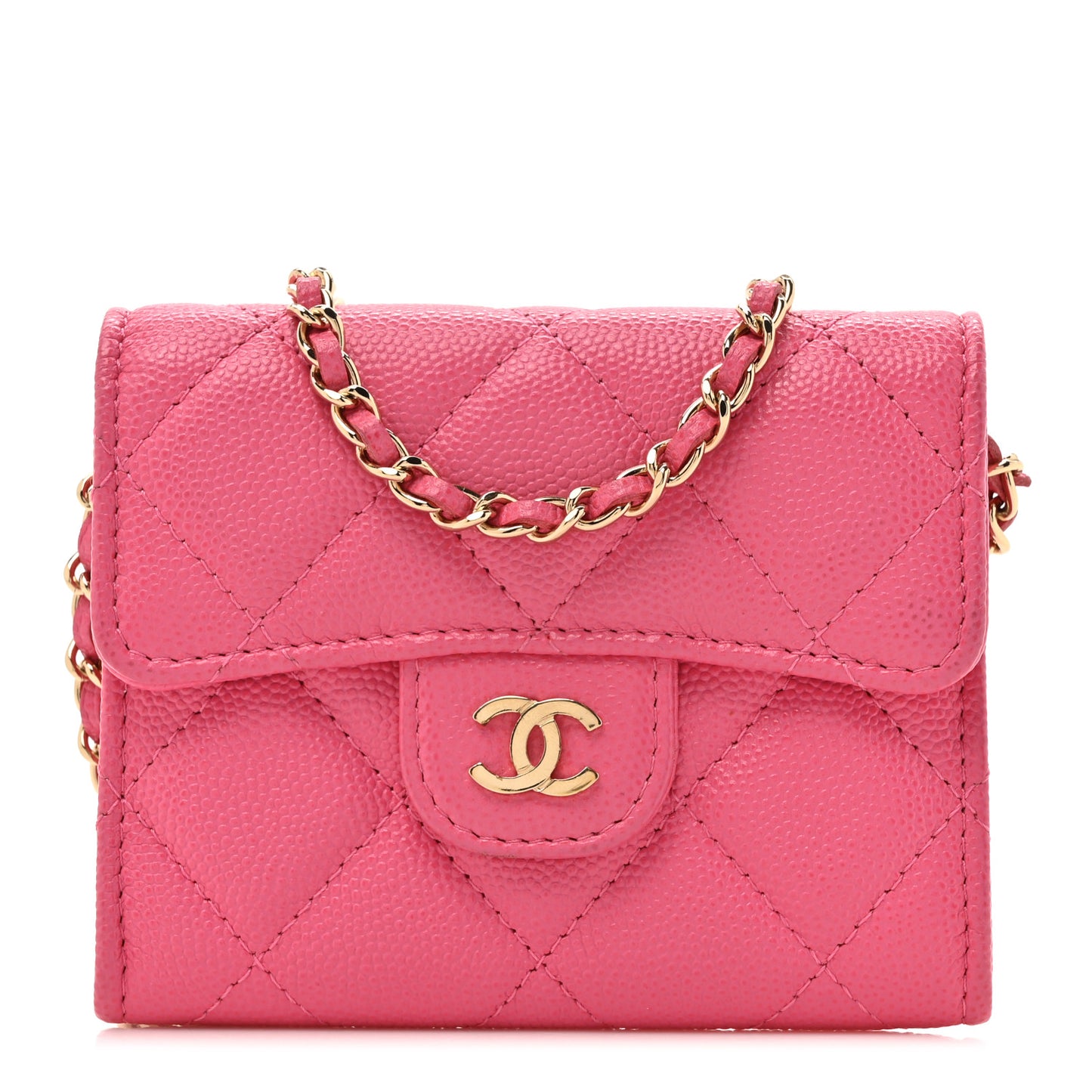 Caviar Quilted Flap Card Holder On Chain Pink