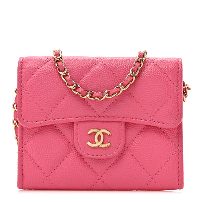 Chanel Caviar Quilted Flap Card Holder On Chain Pink 1 of 14