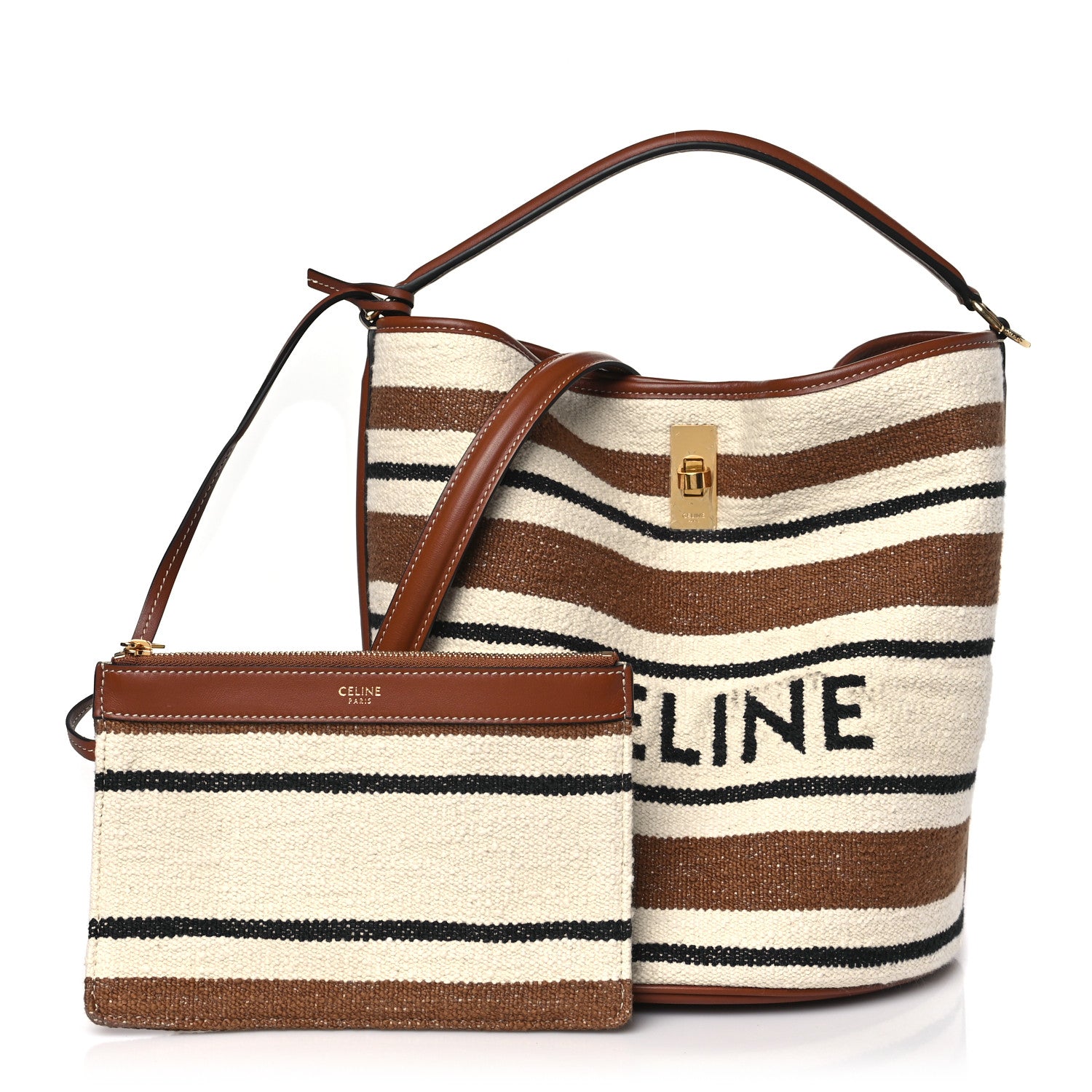 Celine Canvas Smooth Calfskin Logo Bucket 16 Bag Brown Off White Tan 3 of 9
