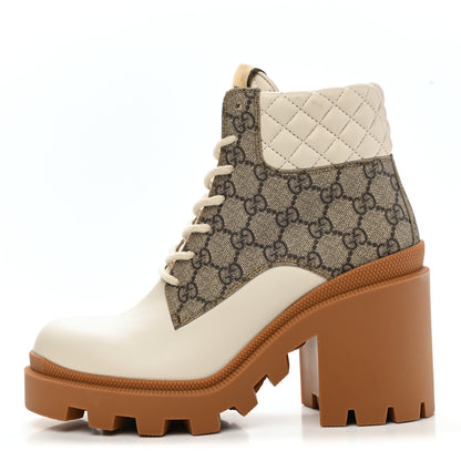 Gucci Calfskin GG Supreme Monogram Nappa Quilted Lace Up Ankle Boots 38.5 Mystic White Beige 1 of 14
