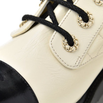 Chanel Shiny Goatskin Calfskin Quilted Lace Up Combat Boots 37.5 White Black 11 of 16