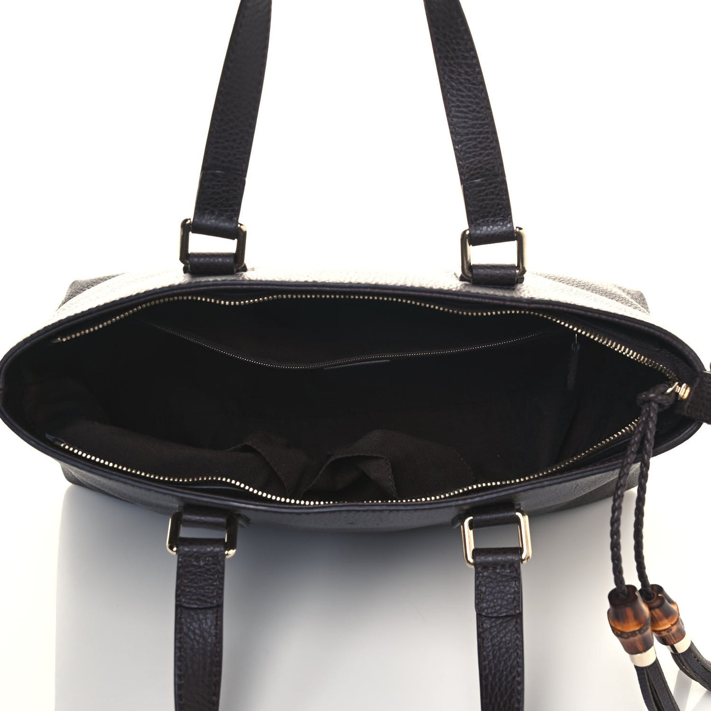 Calfskin Bamboo Tassel Top Handle Tote Dark Brown