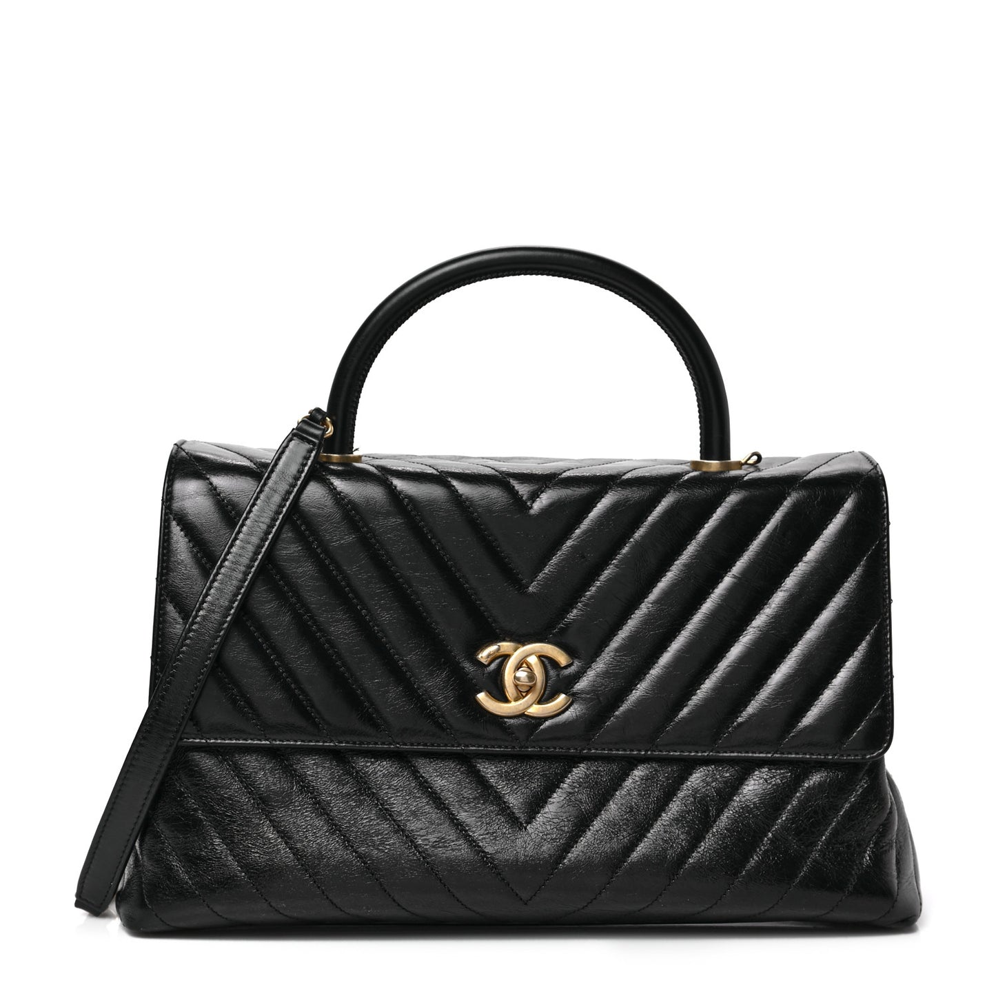 Calfskin Chevron Quilted Medium Coco Handle Flap Black