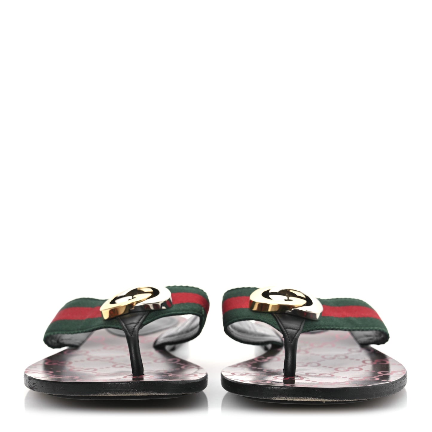 Nylon Calfskin Web GG Monogram Womens Thong Sandals 38 Green Red Cocoa