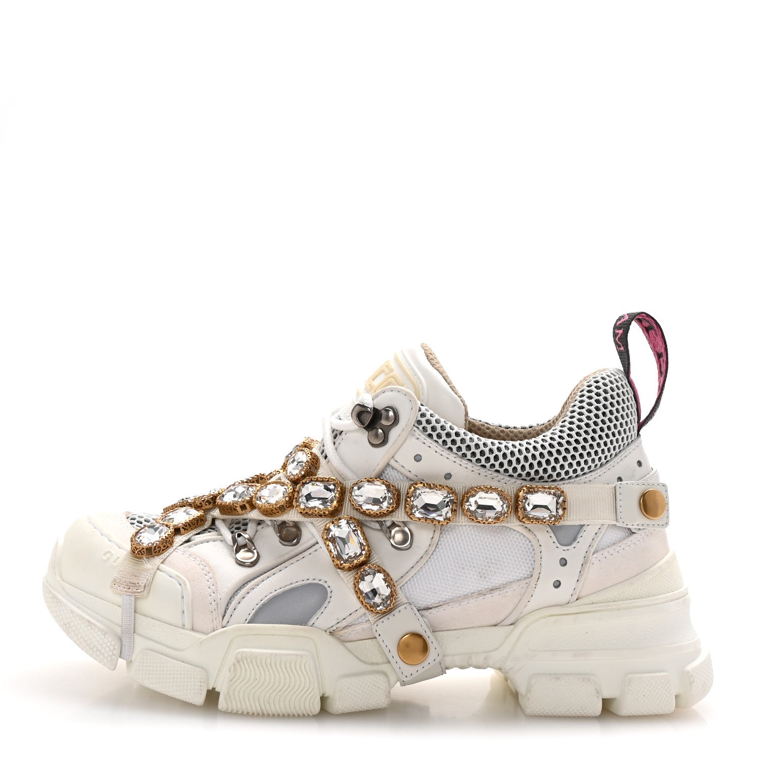 Gucci X SEGA Mesh Calfskin Suede Removable Crystals Womens Flashtrek Sneakers 38 Great White 1 of 8