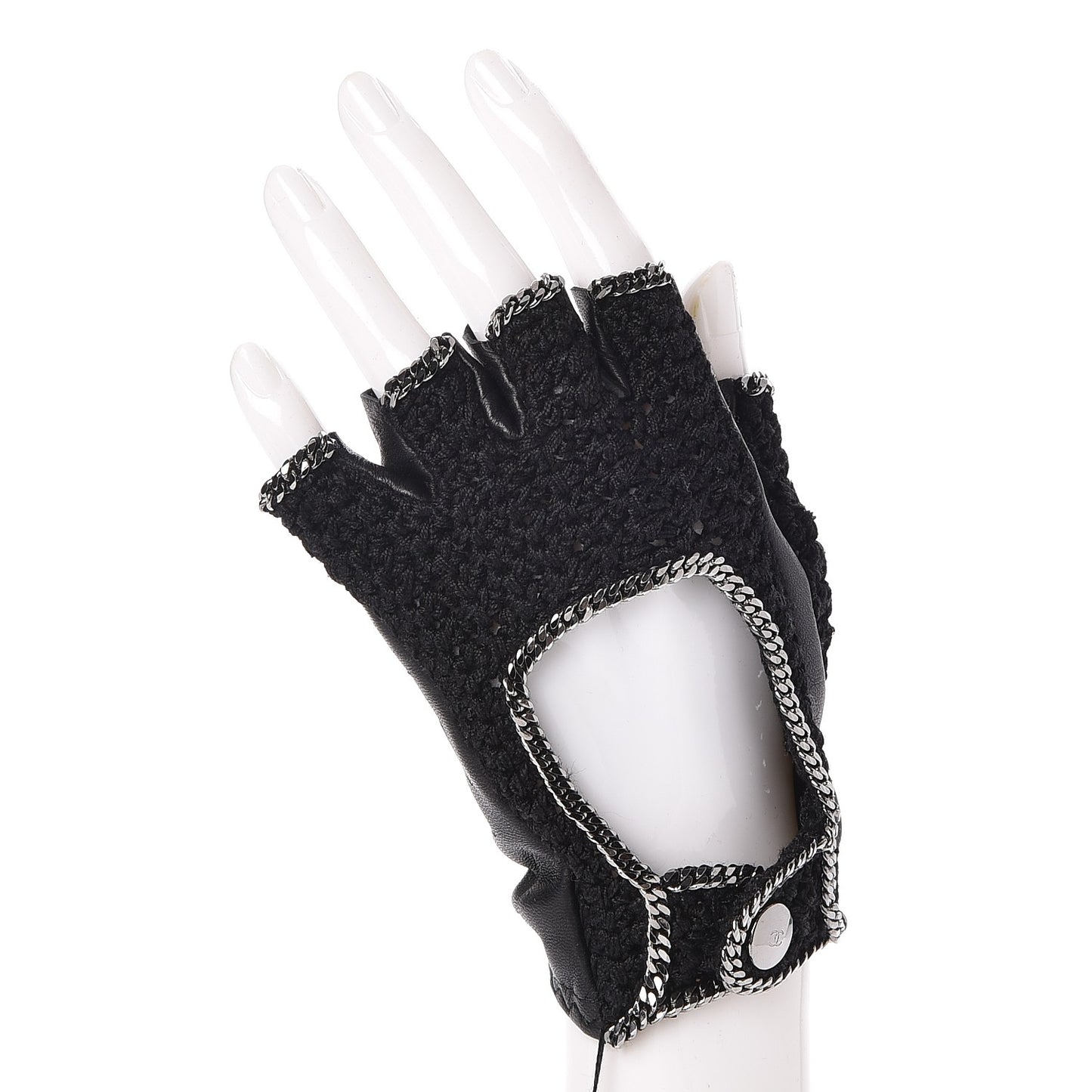 Lambskin Crochet Chain CC Fingerless Gloves 7 Black