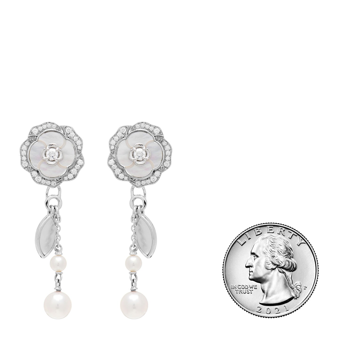 18K White Gold Diamond Pearl Mother of Pearl Bouton De Camelia Transformable Clip-On Earrings