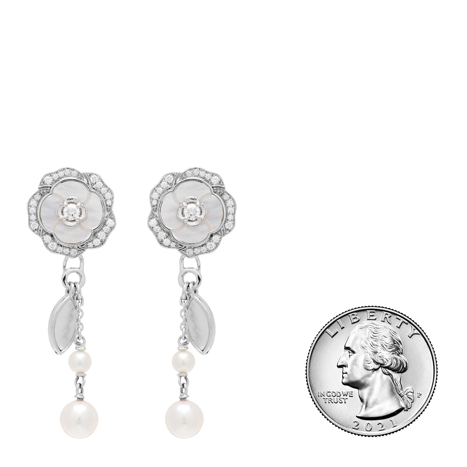Chanel 18K White Gold Diamond Pearl Mother of Pearl Bouton De Camelia Transformable Clip-On Earrings 2 of 4