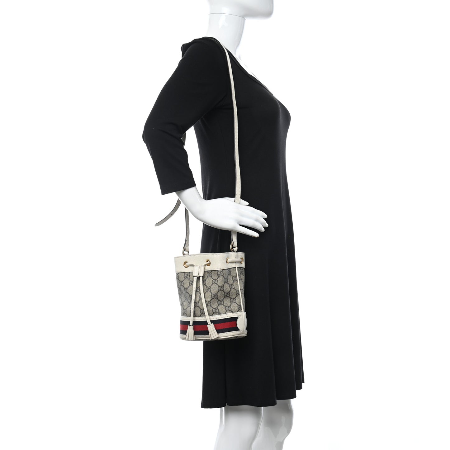 GG Supreme Monogram Textured Calfskin Web Mini Ophidia Bucket Bag Beige Ebony Mystic White
