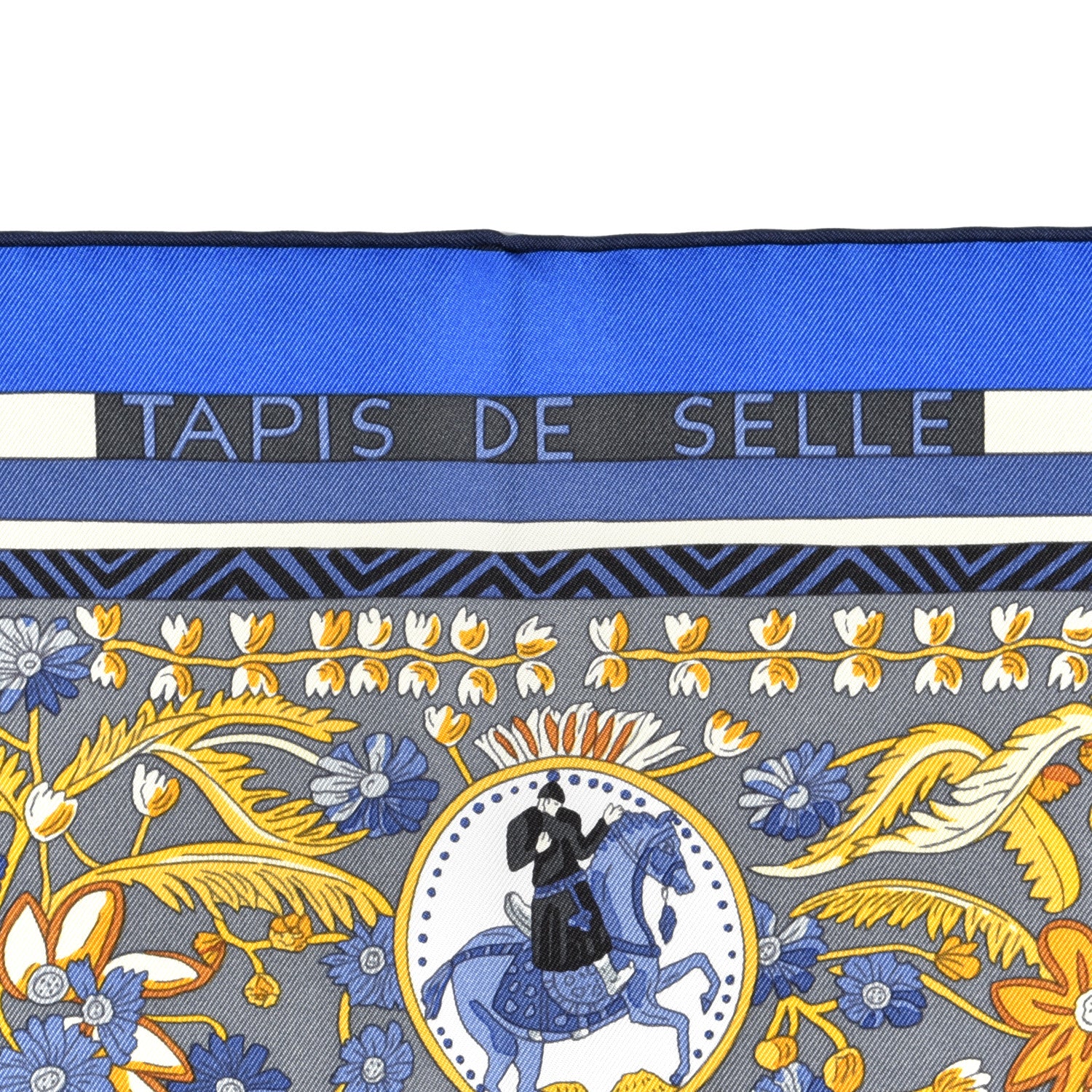 Hermes Silk Tapis De Selle Scarf 90 Vanille Bleu Royal Gold 2 of 4