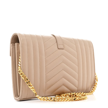 Saint Laurent Grain De Poudre Mixed Matelasse Triquilt Monogram Chain Wallet Dark Beige 3 of 11