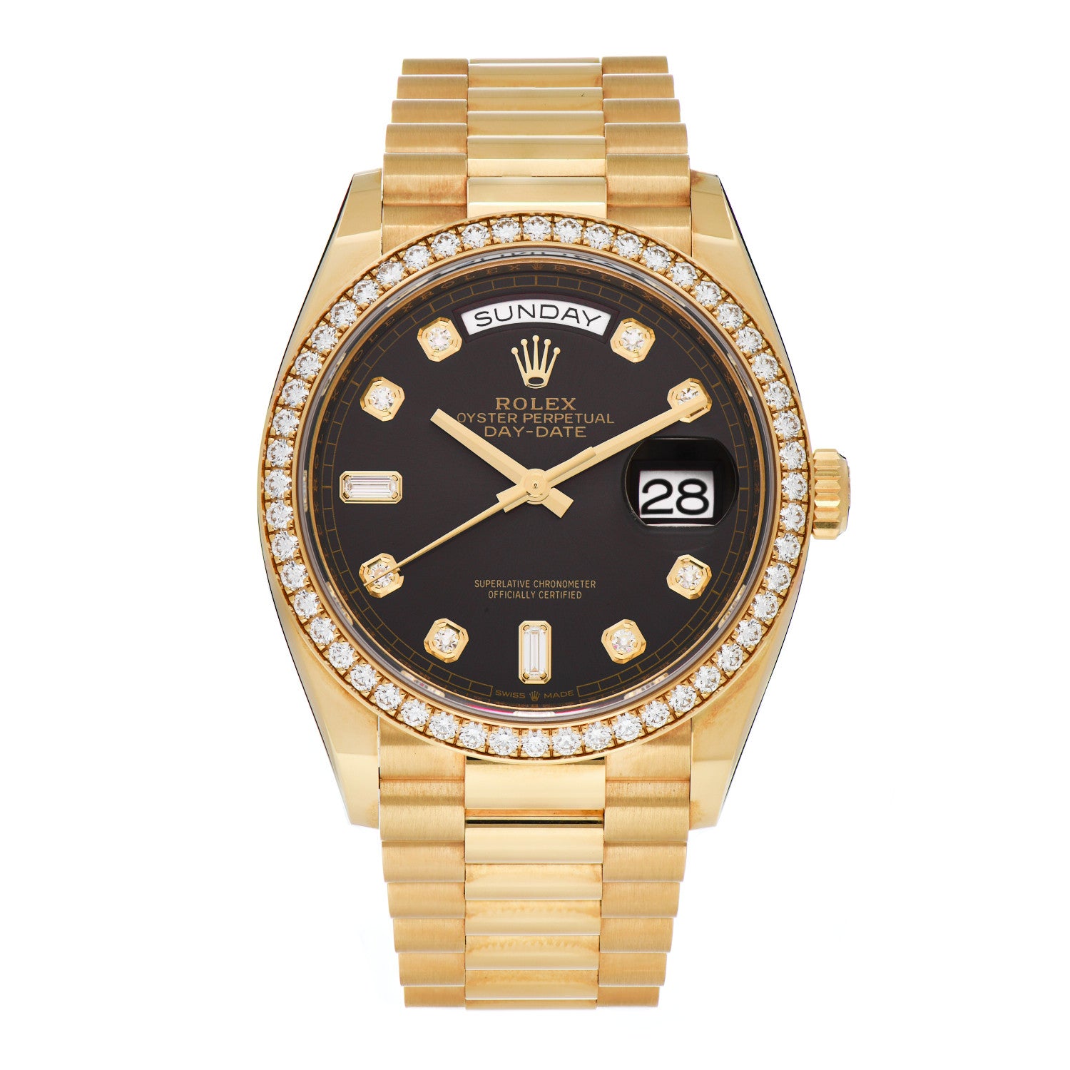 Rolex 18K Yellow Gold Diamond 36mm Oyster Perpetual Day-Date President Watch Chocolate 128348RBR 1 of 5