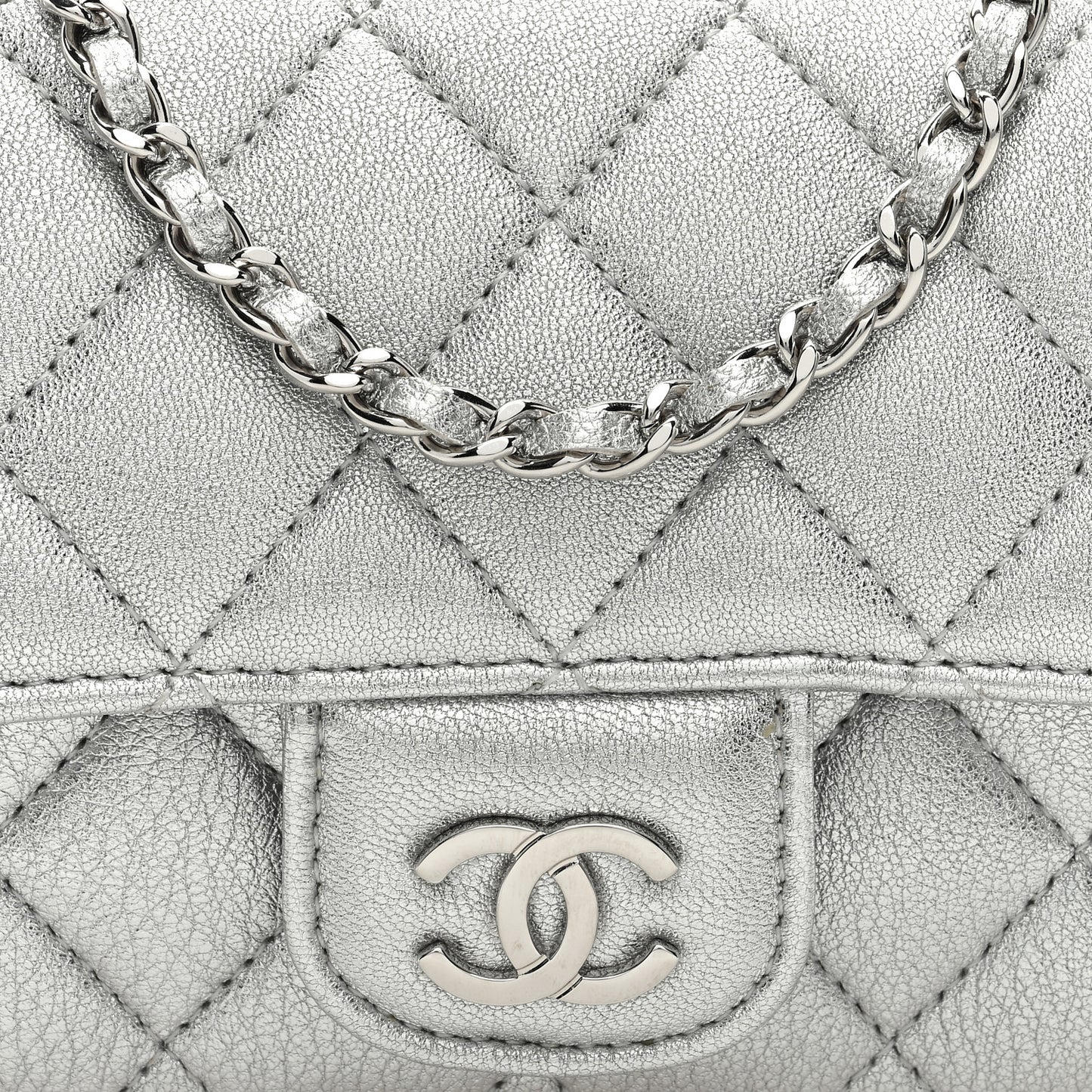 Metallic Lambskin Quilted Glasses Case With Chain Silver