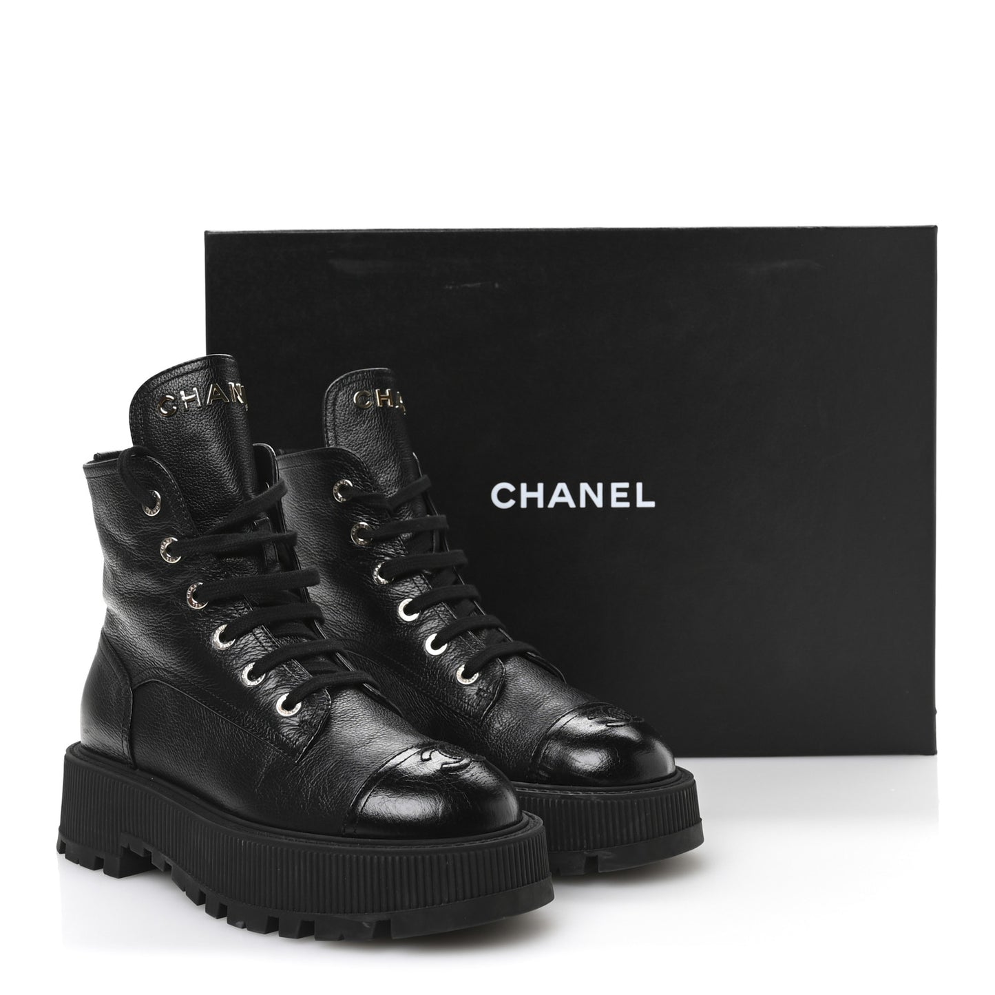 Grained Calfskin Shiny Calfskin CC Lace Up Combat Boots 39 Black