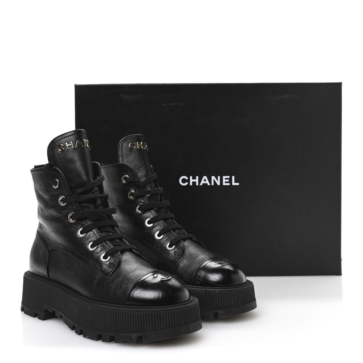 Chanel Grained Calfskin Shiny Calfskin CC Lace Up Combat Boots 39 Black 9 of 9