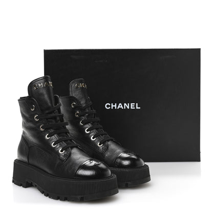 Chanel Grained Calfskin Shiny Calfskin CC Lace Up Combat Boots 39 Black 9 of 9