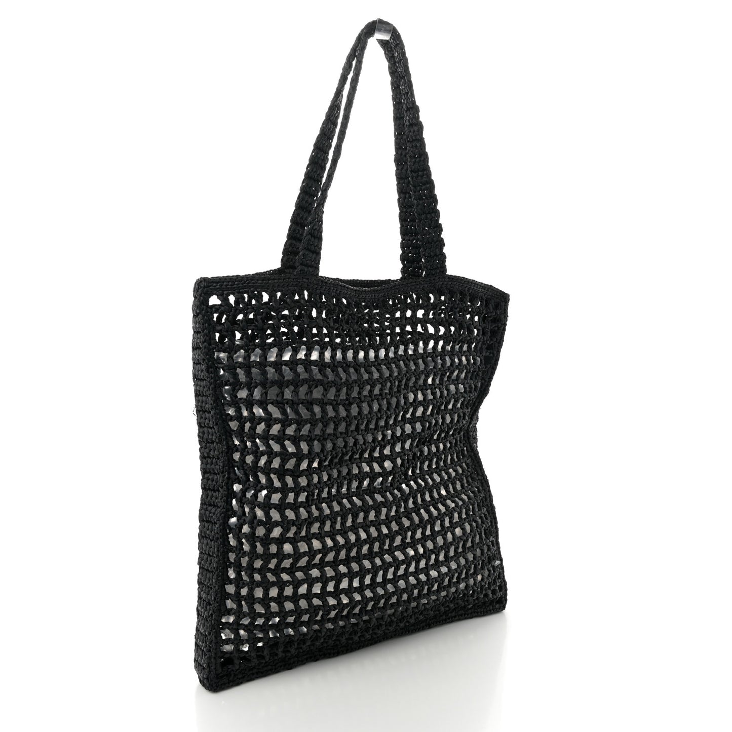 Yarn Raffia Effect Crochet Logo Embroidered Tote Bag Black