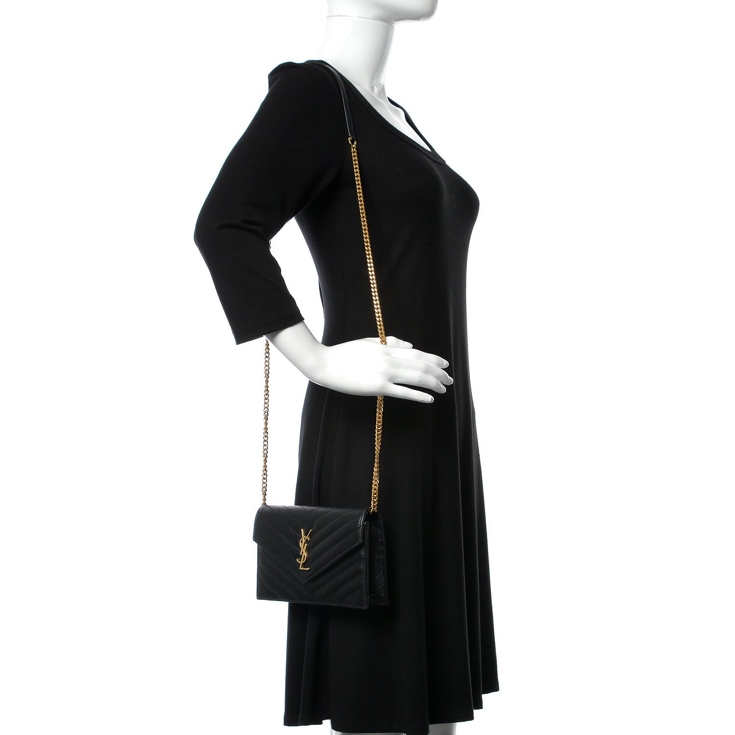 Saint Laurent Grain De Poudre Matelasse Chevron Monogram Envelope Chain Wallet Black 2 of 10