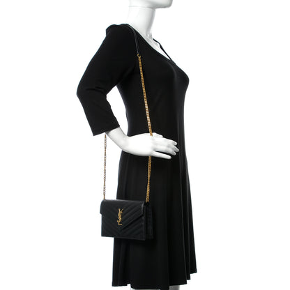 Saint Laurent Grain De Poudre Matelasse Chevron Monogram Envelope Chain Wallet Black 2 of 10