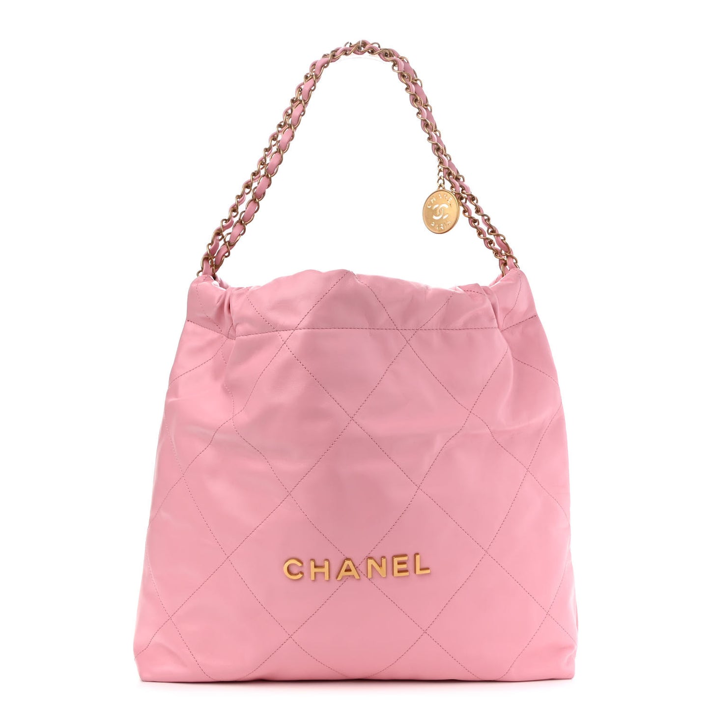 Shiny Calfskin Quilted Chanel 22 Drawstring Bag Light Pink